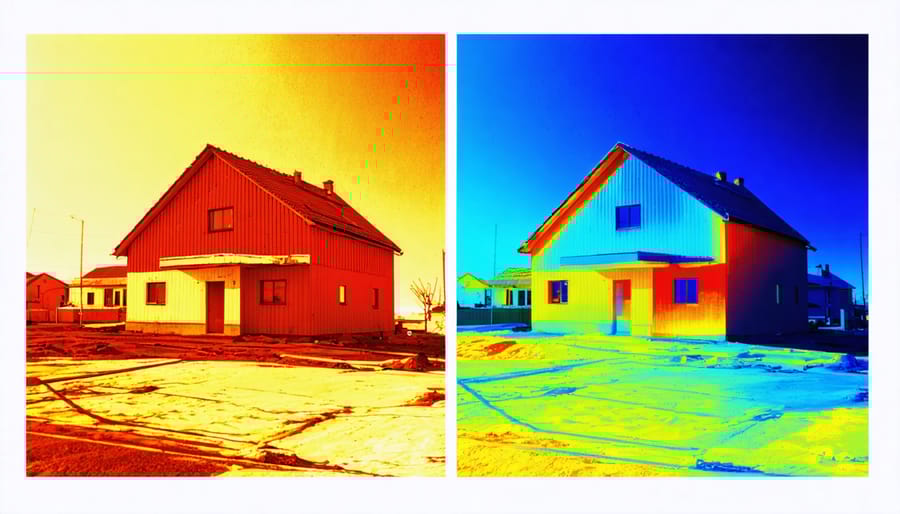 Side-by-side thermal images showing heat loss differences between buildings with varying insulation levels