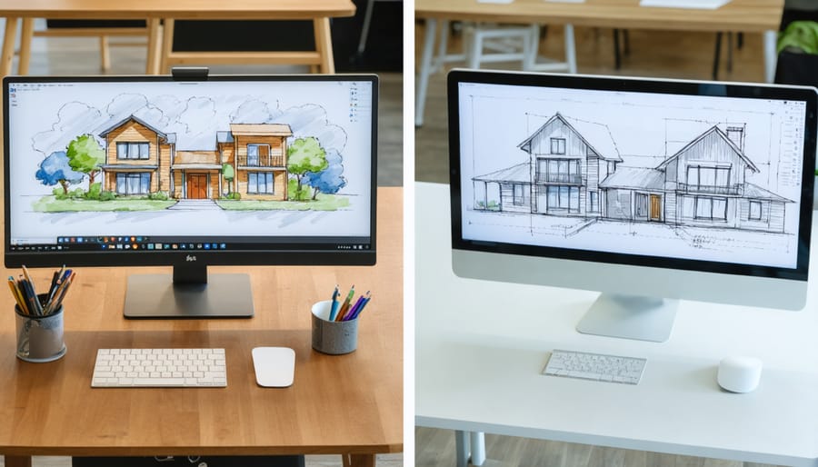 Side-by-side comparison of traditional architectural drafting versus modern digital collaboration workspace