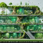 A conceptual representation of a modern building incorporating green building materials such as mycelium insulation and self-healing concrete, symbolizing the integration of nature and technology for sustainable construction.