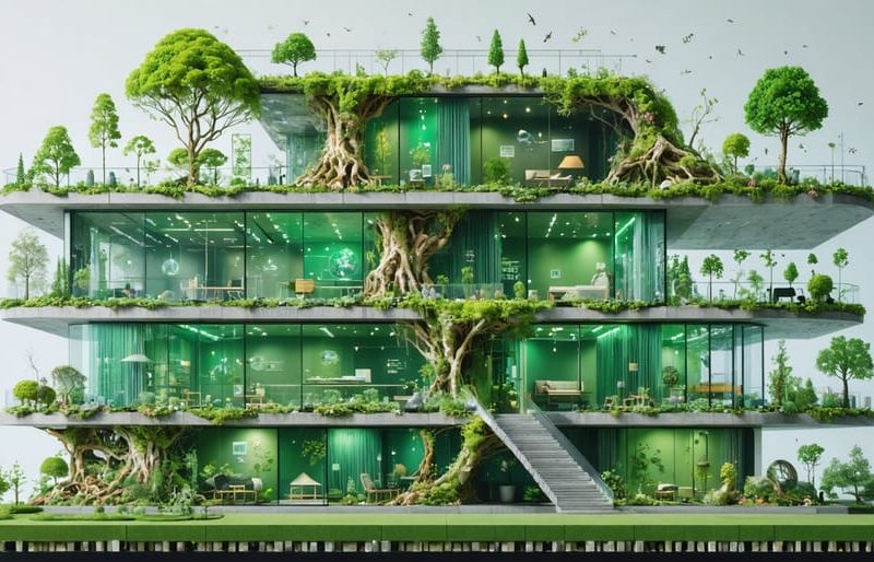 A conceptual representation of a modern building incorporating green building materials such as mycelium insulation and self-healing concrete, symbolizing the integration of nature and technology for sustainable construction.