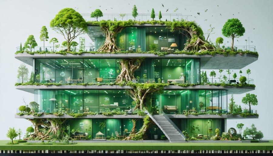 A conceptual representation of a modern building incorporating green building materials such as mycelium insulation and self-healing concrete, symbolizing the integration of nature and technology for sustainable construction.