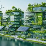 A modern urban landscape with sustainable buildings featuring solar panels, wind turbines, and living walls, highlighting the evolving construction industry towards green building practices.
