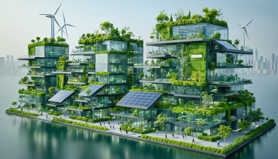A modern urban landscape with sustainable buildings featuring solar panels, wind turbines, and living walls, highlighting the evolving construction industry towards green building practices.