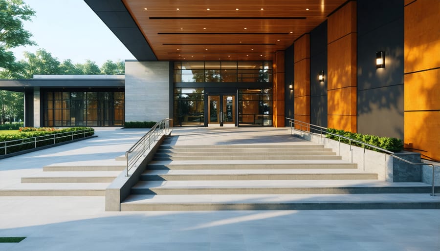 Accessible building entrance with integrated ramp, automatic doors, and multi-format wayfinding signs