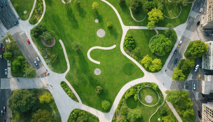 Bird's eye view of diverse urban green spaces including parks, gardens, and green corridors connecting different parts of a city