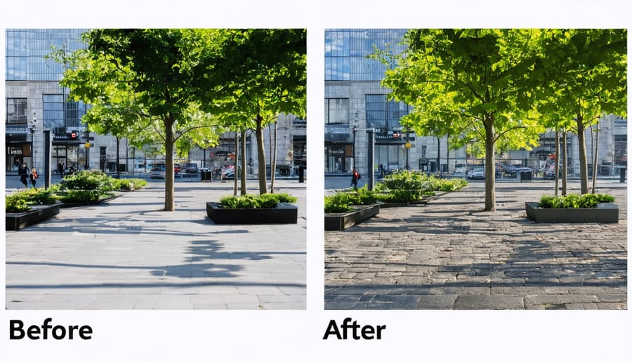 Split image showing urban space transformation with accessible features and community gathering areas