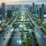 A futuristic cityscape showcasing smart buildings, integrated IoT technology, and lush green infrastructure symbolizing inclusive urban development.