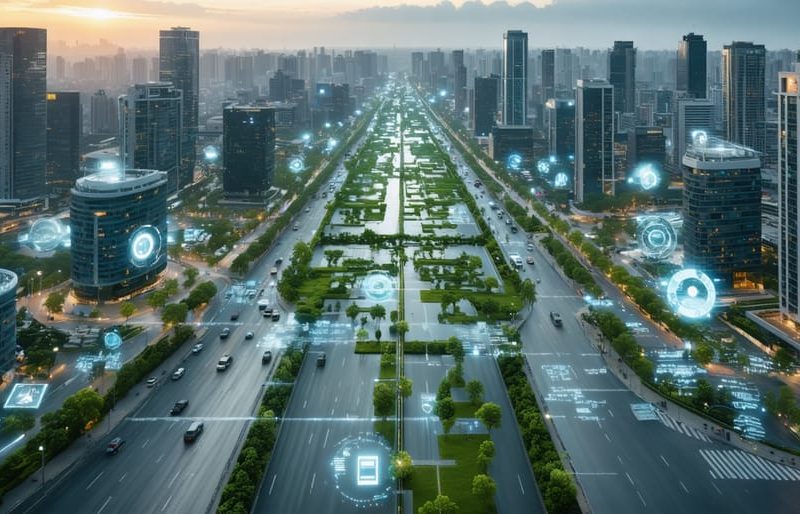 A futuristic cityscape showcasing smart buildings, integrated IoT technology, and lush green infrastructure symbolizing inclusive urban development.