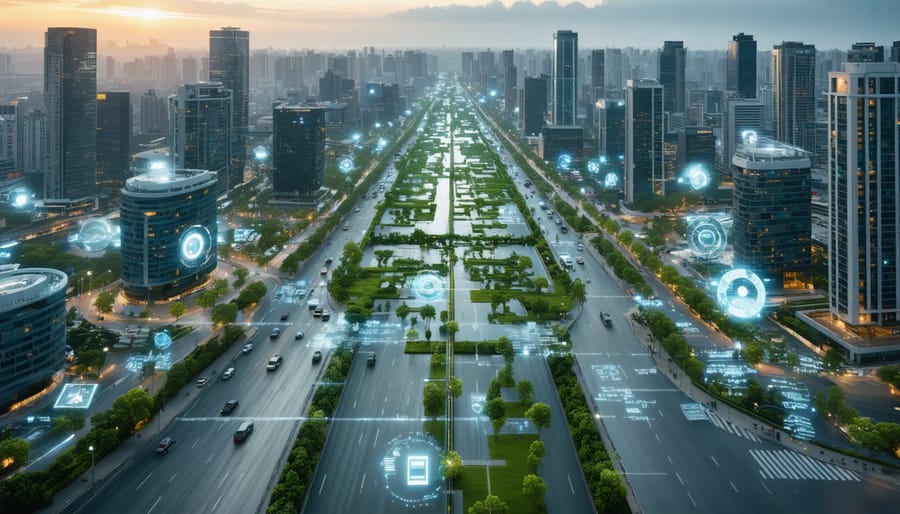 A futuristic cityscape showcasing smart buildings, integrated IoT technology, and lush green infrastructure symbolizing inclusive urban development.