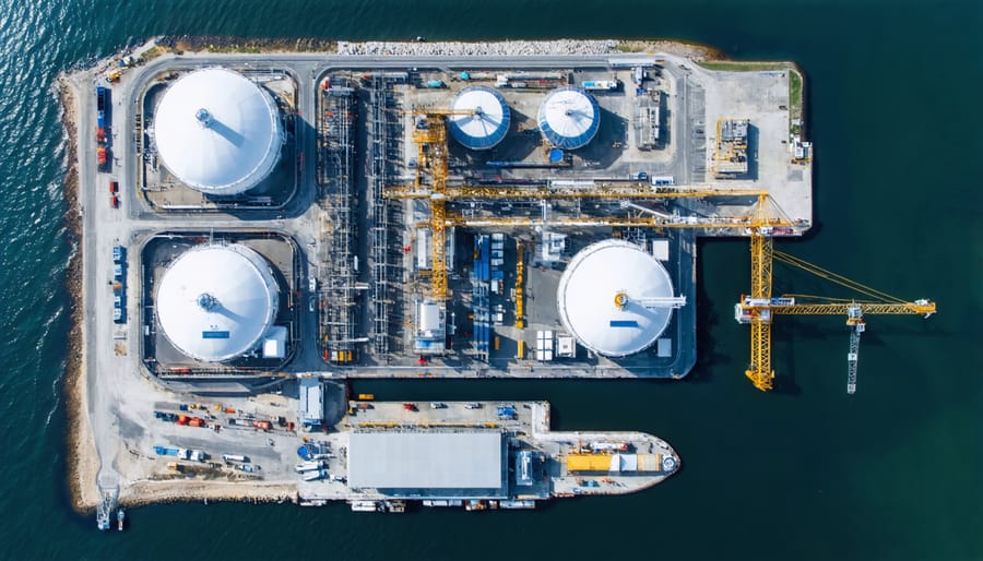Aerial view of an advanced LNG export terminal under construction in the U.S., featuring large storage tanks, modular liquefaction units, and marine loading systems along a coastal location.