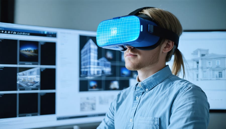 Team of architects testing virtual reality prototypes of building designs
