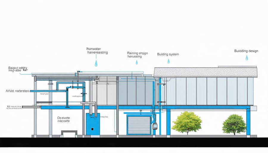 Diagram showing rainwater collection, filtration, and distribution system in a modern building