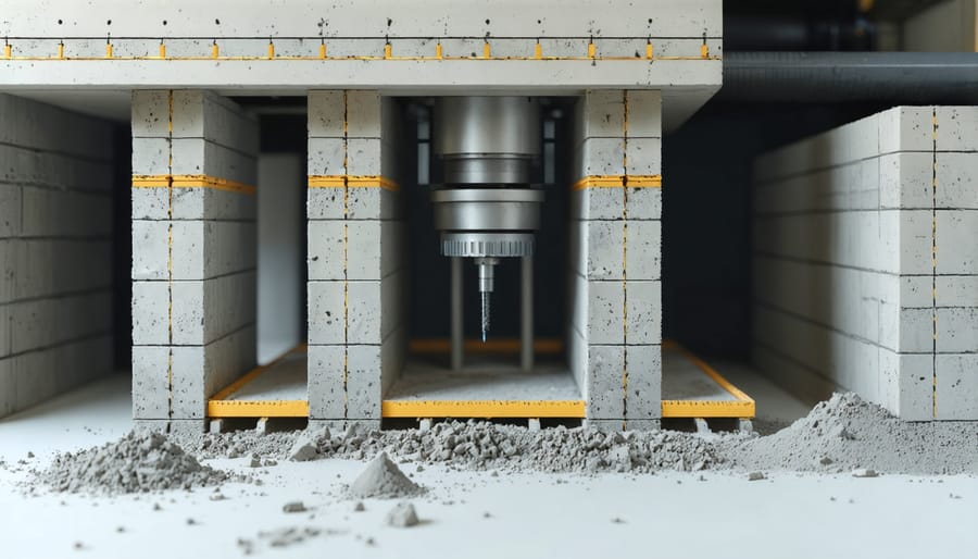 Large-scale 3D printer creating house walls with concrete material on construction site