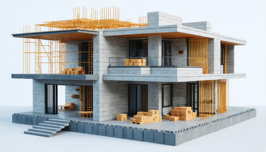 Large-scale 3D printer depositing concrete layers to form a building wall