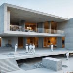 A large-scale 3D printer extrudes concrete to build the walls of a modern house on a construction site, showcasing innovative building technology with workers supervising the process for precision.