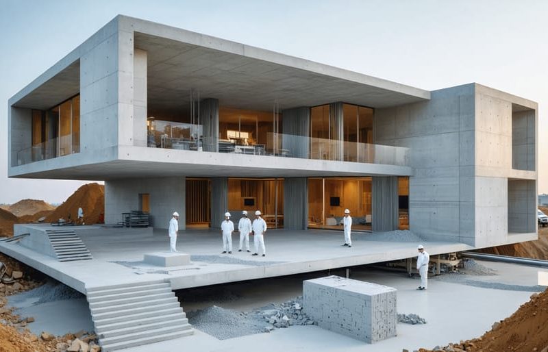 A large-scale 3D printer extrudes concrete to build the walls of a modern house on a construction site, showcasing innovative building technology with workers supervising the process for precision.