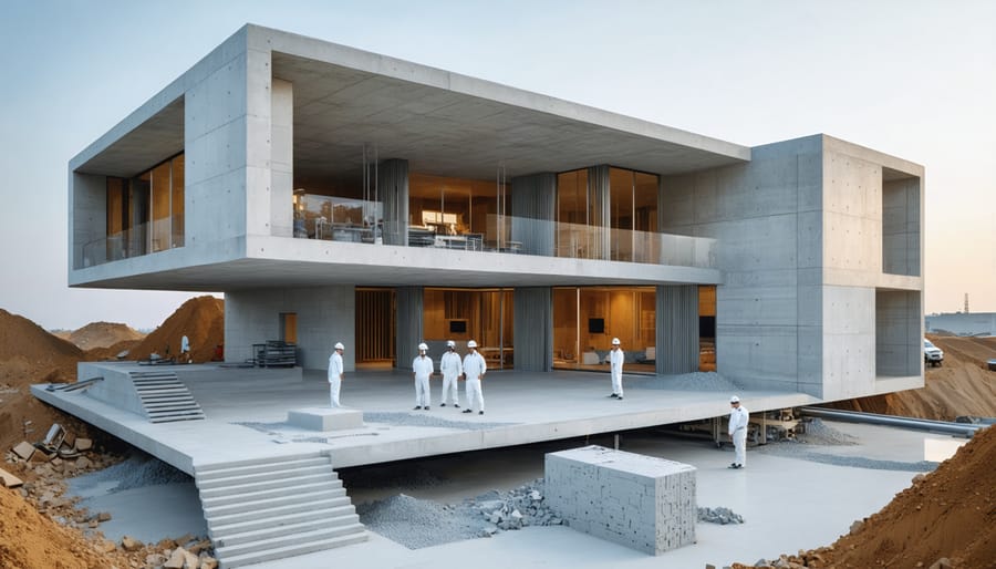 A large-scale 3D printer extrudes concrete to build the walls of a modern house on a construction site, showcasing innovative building technology with workers supervising the process for precision.