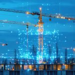 Construction workers building a 5G antenna tower with digital data streams visible in the background representing technological integration and opportunities in the construction industry.