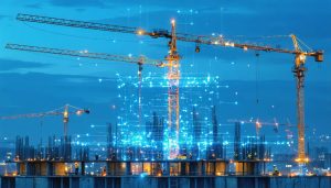 Construction workers building a 5G antenna tower with digital data streams visible in the background representing technological integration and opportunities in the construction industry.