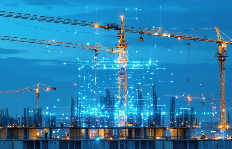 Construction workers building a 5G antenna tower with digital data streams visible in the background representing technological integration and opportunities in the construction industry.