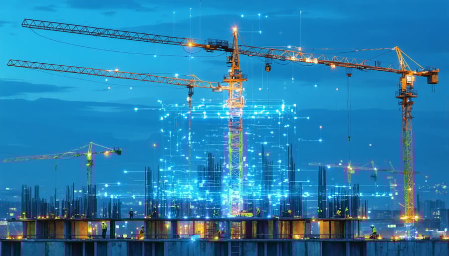 Construction workers building a 5G antenna tower with digital data streams visible in the background representing technological integration and opportunities in the construction industry.