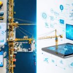Split-screen image comparing traditional paper-based construction procurement methods with modern 5G-enabled digital systems, highlighting the transformation in efficiency and connectivity.