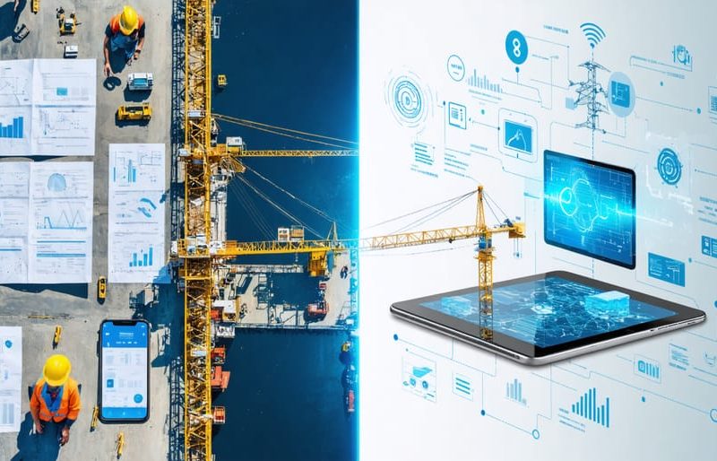 Split-screen image comparing traditional paper-based construction procurement methods with modern 5G-enabled digital systems, highlighting the transformation in efficiency and connectivity.