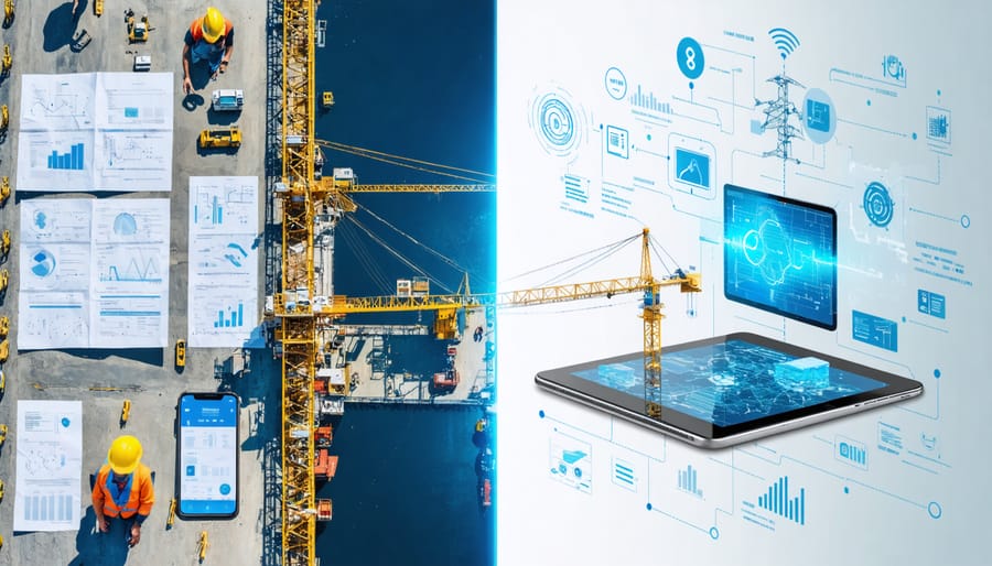 Split-screen image comparing traditional paper-based construction procurement methods with modern 5G-enabled digital systems, highlighting the transformation in efficiency and connectivity.