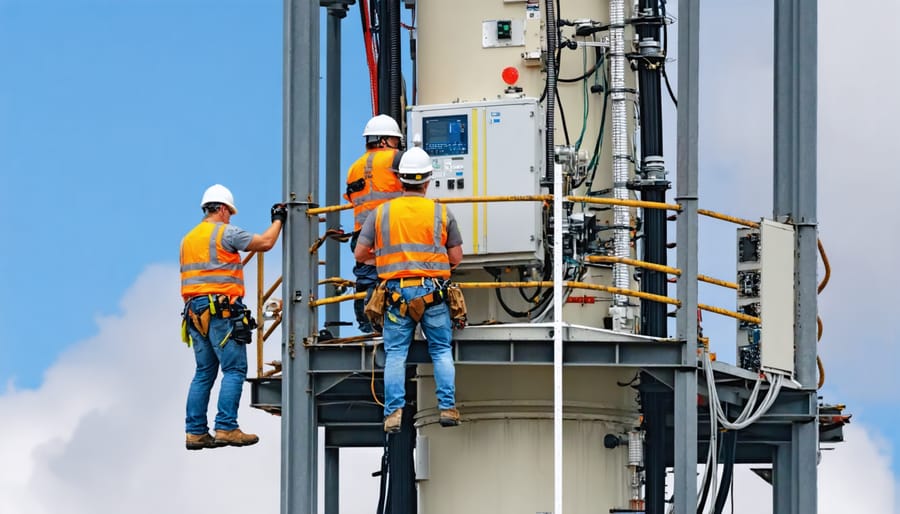 Construction crew installing 5G telecommunications tower with specialized equipment