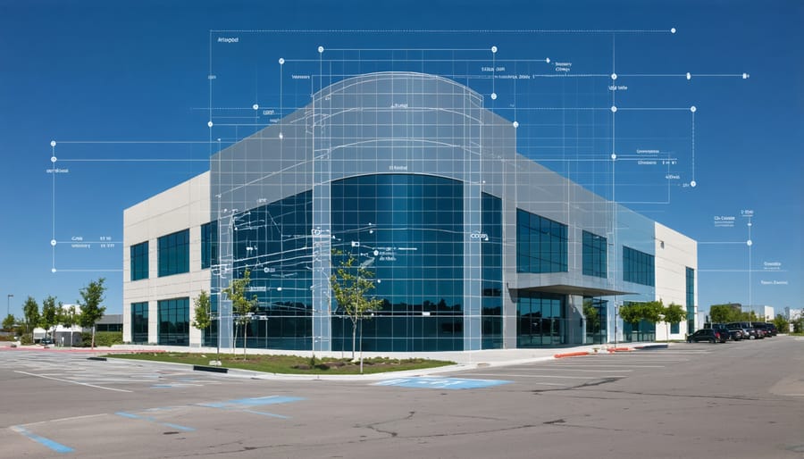 Modern office building designed with AI optimization, highlighting energy-efficient features