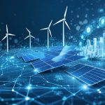 Conceptual illustration of a smart grid network with interconnected digital lines, renewable energy sources like solar panels and wind turbines, and AI analytics, representing the innovative integration in AI-powered energy trading systems.