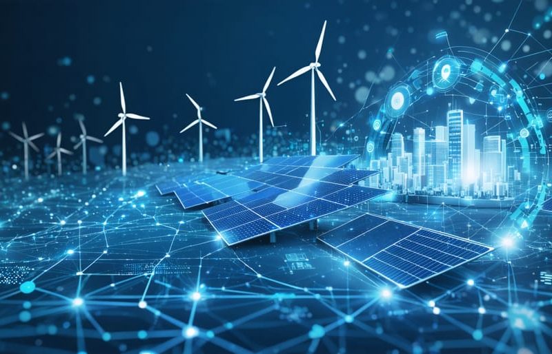 Conceptual illustration of a smart grid network with interconnected digital lines, renewable energy sources like solar panels and wind turbines, and AI analytics, representing the innovative integration in AI-powered energy trading systems.