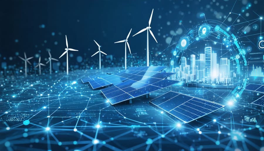 Conceptual illustration of a smart grid network with interconnected digital lines, renewable energy sources like solar panels and wind turbines, and AI analytics, representing the innovative integration in AI-powered energy trading systems.
