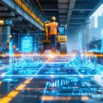 A futuristic construction site with digital overlays demonstrating AI-powered hazard detection and risk management through IoT sensors and data analysis.