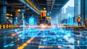 A futuristic construction site with digital overlays demonstrating AI-powered hazard detection and risk management through IoT sensors and data analysis.