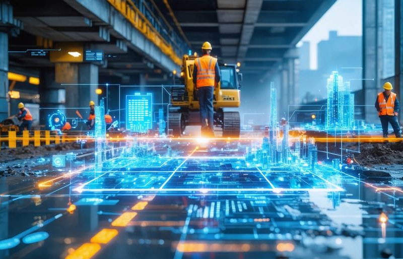 A futuristic construction site with digital overlays demonstrating AI-powered hazard detection and risk management through IoT sensors and data analysis.