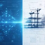A split-screen image showing a digital construction blueprint illustrating AI-generated design iterations on one side, contrasted with a traditional blueprint being drafted by engineers on the other, symbolizing the integration of AI technology in construction design.
