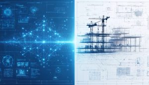 A split-screen image showing a digital construction blueprint illustrating AI-generated design iterations on one side, contrasted with a traditional blueprint being drafted by engineers on the other, symbolizing the integration of AI technology in construction design.