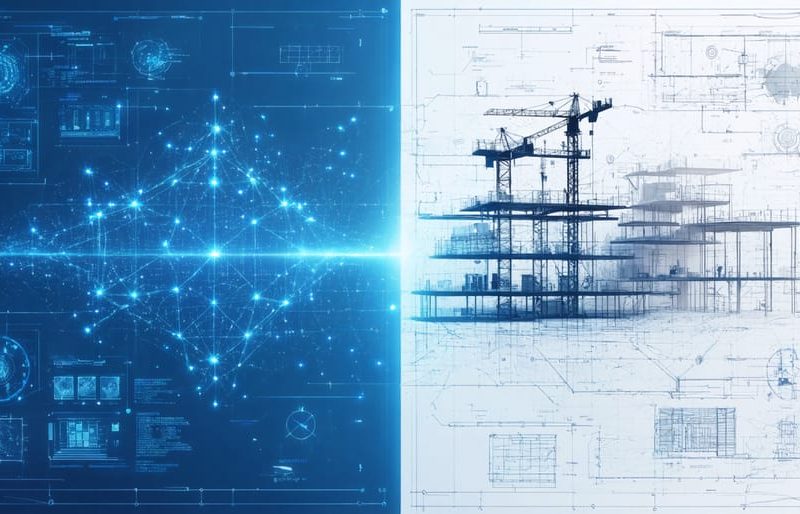 A split-screen image showing a digital construction blueprint illustrating AI-generated design iterations on one side, contrasted with a traditional blueprint being drafted by engineers on the other, symbolizing the integration of AI technology in construction design.