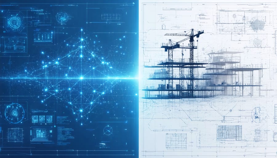 A split-screen image showing a digital construction blueprint illustrating AI-generated design iterations on one side, contrasted with a traditional blueprint being drafted by engineers on the other, symbolizing the integration of AI technology in construction design.