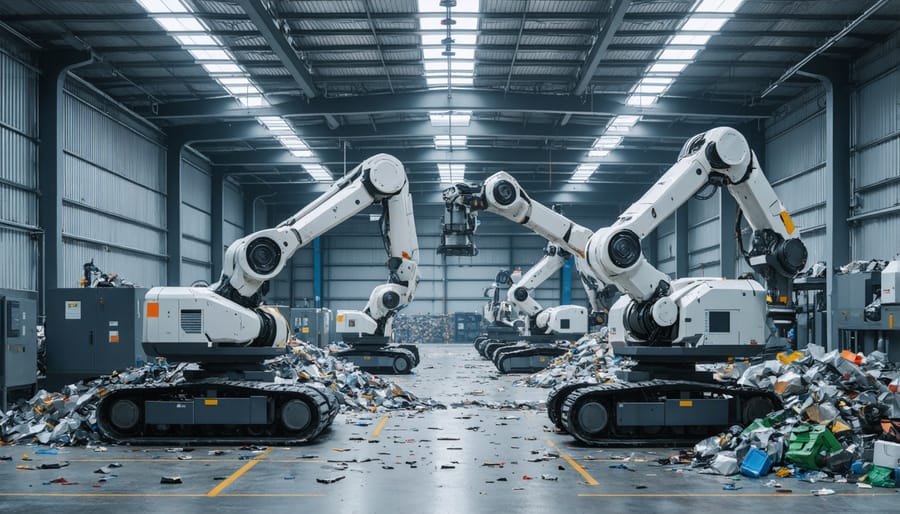 Industrial recycling facility with automated robotic sorting systems processing waste materials