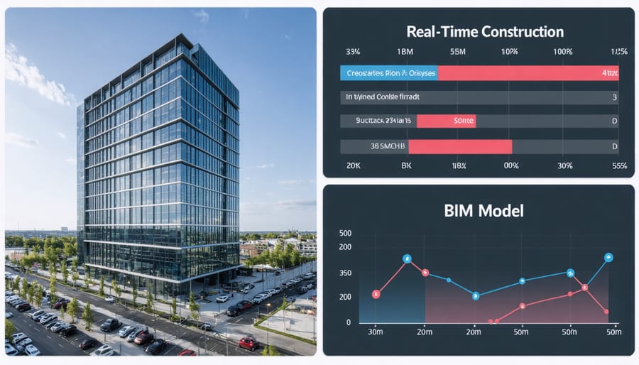 Side-by-side comparison of BIM model and actual construction progress with 4D/5D integration