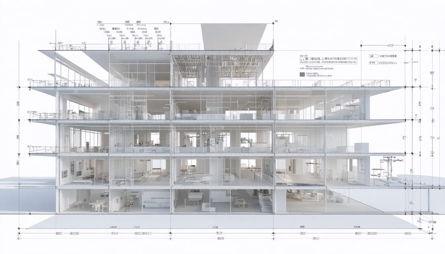 Building Information Modeling (BIM) interface displaying multi-layered construction project visualization