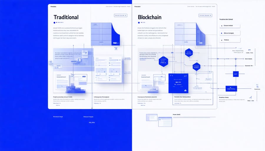 Side-by-side comparison of traditional and blockchain construction management workflows