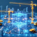 Conceptual illustration depicting the transformation of construction project management utilizing blockchain technology; showing digital overlays of data blocks, nodes, and smart contracts interacting with a construction site.