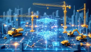 Conceptual illustration depicting the transformation of construction project management utilizing blockchain technology; showing digital overlays of data blocks, nodes, and smart contracts interacting with a construction site.