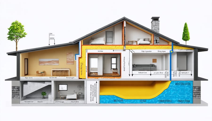 Cross-sectional illustration of residential building envelope components including insulation, vapor barriers, and air sealing