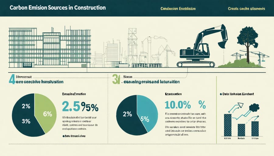 Visual breakdown of construction carbon emission sources including equipment, materials, and transportation