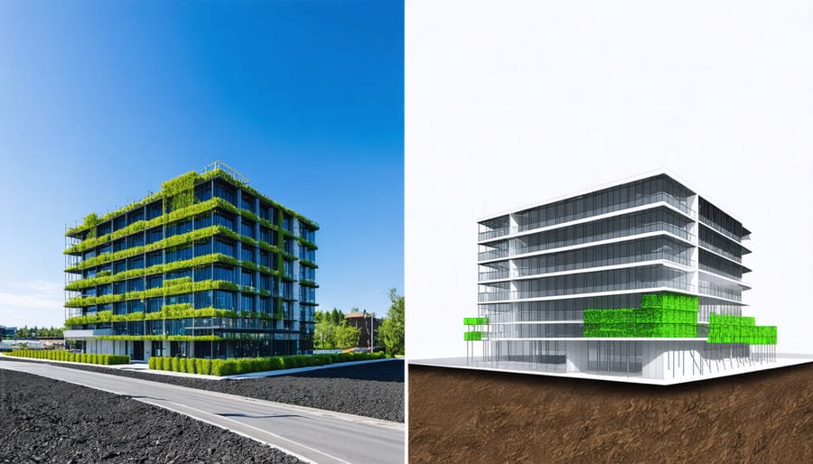 Split image comparing initial and final carbon footprint measurements of a construction project