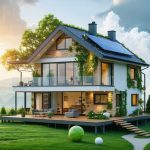 Conceptual depiction of a modern home protected by a transparent shield, symbolizing climate resilience and sustainable building design. Elements such as enhanced insulation, solar panels, and structural connections are visible in the design.